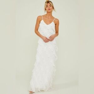 White ruffle maxi dress with slit